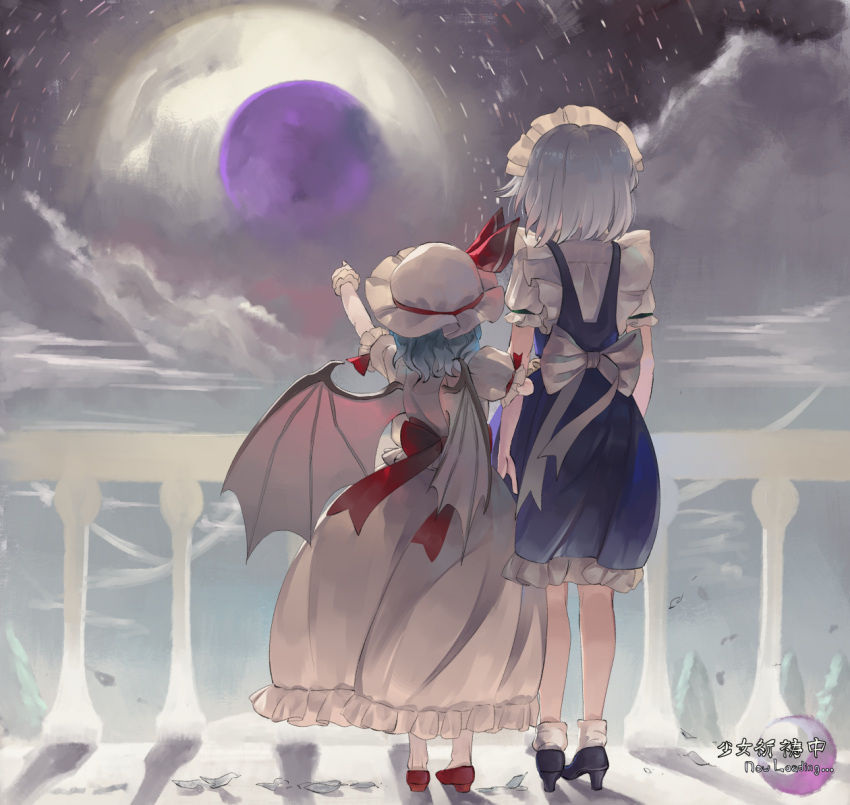 2girls arm_up balcony bat_wings black_footwear blue_hair blue_skirt blue_vest cloud from_behind full_moon hat height_difference high_heels imperishable_night izayoi_sakuya locked_arms maid_headdress mob_cap moon multiple_girls night outstretched_arm pink_headwear pink_shirt pink_skirt pointing puffy_short_sleeves puffy_sleeves railing red_footwear remilia_scarlet riki6 shadow shirt short_hair short_sleeves shoujo_kitou-chuu silver_hair skirt sky standing star_(sky) star_trail starry_sky touhou vest white_legwear white_shirt wide_shot wings wrist_cuffs