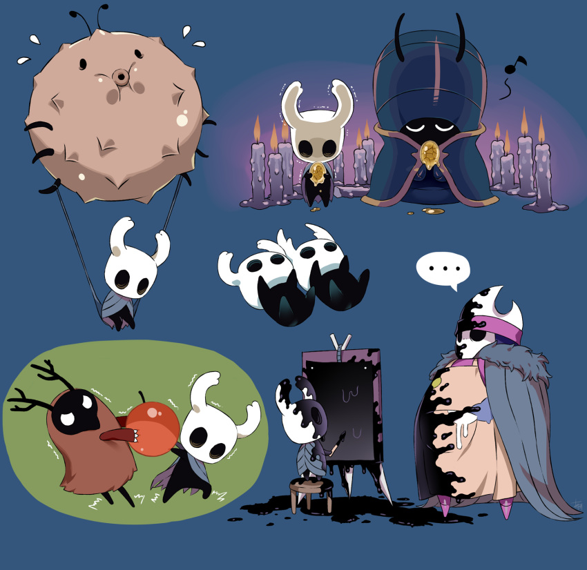 ... arizuka_(catacombe) berry blue_background candle chair character_request cloak confessor_jiji fire flame helm helmet highres holding hollow_knight hollow_knight_(character) horns knight_(hollow_knight) musical_note no_cloak painting pulling sheo_(hollow_knight) sitting spoken_ellipsis standing trembling