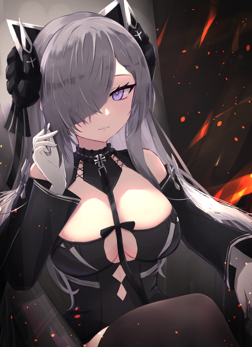 1girl :3 august_von_parseval_(azur_lane) azur_lane bangs bare_shoulders black_background black_dress black_legwear black_neckwear black_sleeves breasts cleavage cleavage_cutout closed_mouth clothing_cutout commentary_request cowboy_shot crossed_legs detached_sleeves dress fire gloves grey_hair hair_between_eyes hair_ornament hair_over_one_eye hand_up headgear highres horns iron_cross large_breasts long_hair looking_at_viewer neckwear_between_breasts partial_commentary purple_eyes reizouko sidelocks sitting sleeveless sleeveless_dress smile solo thighhighs white_gloves