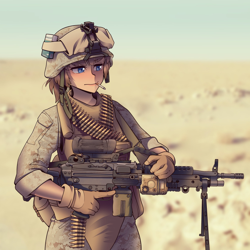 1girl absurdres bandolier blue_eyes brown_gloves brown_hair camouflage camouflage_jacket camouflage_pants closed_mouth desert desert_camouflage gloves gun hat helmet highres holding holding_gun holding_weapon jacket light_machine_gun m249 machine_gun military military_hat military_uniform original pants ponytail sleeves_rolled_up smoke smoking solo uniform v-shaped_eyebrows vest weapon willy_pete