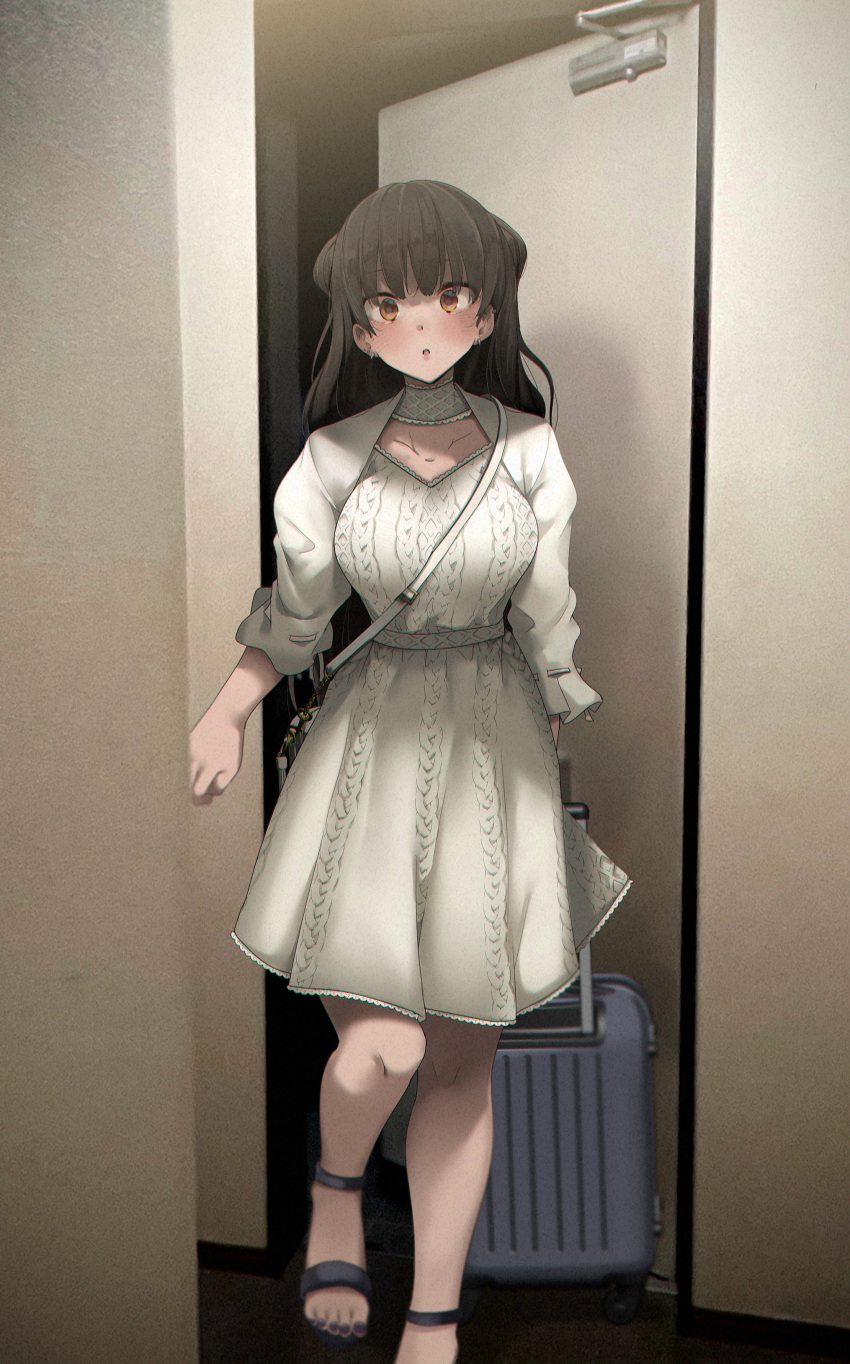 1girl absurdres bangs black_hair blush breasts collarbone door dress earrings highres indoors jewelry large_breasts long_hair luggage nail_polish original ryouma_(galley) solo white_dress yellow_eyes