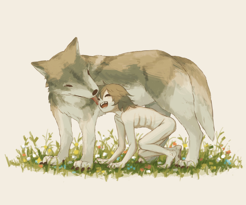 1boy :d absurdres all_fours avogado6 barefoot brown_hair commentary_request completely_nude flower from_side grass highres licking licking_face missing_tooth nude open_mouth original simple_background skinny smile white_background white_flower wolf