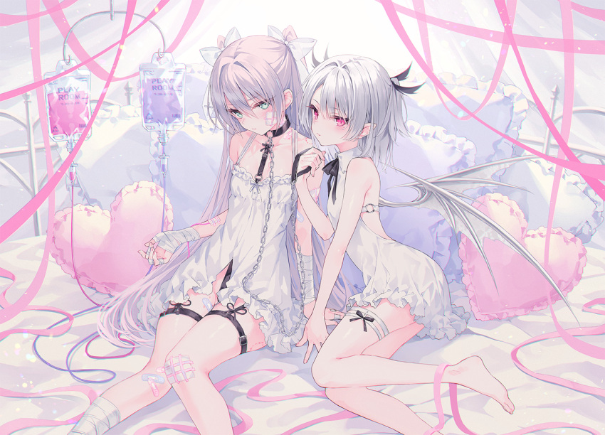 2girls bandaged_arm bandaged_hands bandaged_leg bandages bangs banned_artist bare_arms bare_shoulders barefoot bed black_choker bow choker collared_dress commentary_request dress eyebrows_visible_through_hair frilled_dress frilled_pillow frills green_eyes grey_hair grey_wings hair_between_eyes hair_bow heart heart_pillow intravenous_drip leash long_hair multiple_girls o-ring o-ring_choker on_bed original pillow purple_eyes rurudo silver_hair sleeveless sleeveless_dress two_side_up very_long_hair white_bow white_dress wings