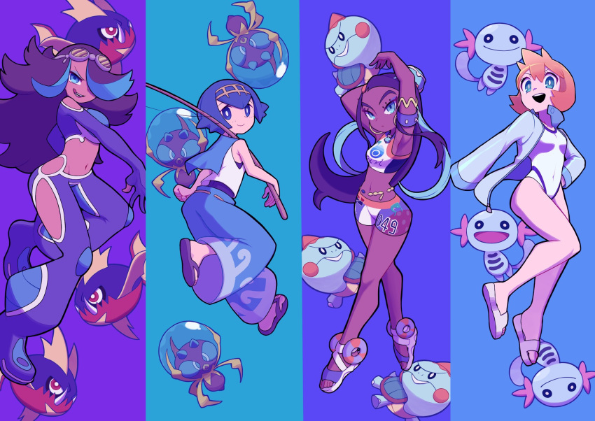 4girls armlet bangs bear_ringer belly_chain bike_shorts blue_eyes blue_eyeshadow blue_hair blue_pants blue_theme bright_pupils carvanha chewtle closed_mouth commentary dark-skinned_female dark_skin dewpider earrings eyeshadow fishing_rod gen_2_pokemon gen_3_pokemon gen_7_pokemon gen_8_pokemon goggles goggles_on_head green_eyes gym_leader hair_between_eyes hair_bun highres holding holding_fishing_rod hoop_earrings jacket jewelry lana_(pokemon) long_hair long_sleeves looking_back makeup misty_(pokemon) multicolored_hair multiple_girls navel necklace nessa_(pokemon) one-piece_swimsuit open_clothes open_jacket open_mouth orange_hair pants pokemon pokemon_(creature) pokemon_(game) pokemon_hgss pokemon_oras pokemon_sm pokemon_swsh revision sandals shelly_(pokemon) shirt short_hair sleeveless sleeveless_shirt smile streaked_hair swimsuit trait_connection two-tone_hair upper_teeth white_footwear white_pupils white_shirt white_swimsuit wooper