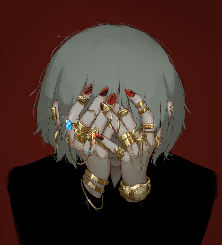 1boy absurdres avogado6 black_shirt bracelet clenched_teeth covered_face facing_viewer fingernails hands_over_eyes hands_up highres jewelry multiple_rings nail_art original pinky_ring red_background red_nails ring shirt simple_background solo teeth thumb_ring upper_body watch wristwatch