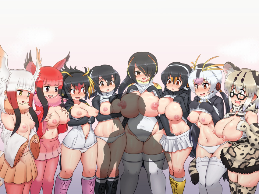 6+girls animal_ears antenna_hair arm_under_breasts asymmetrical_docking bangs between_breasts bird_tail bird_wings black_hair blonde_hair blunt_bangs blush boots breast_press breasts brown_eyes elbow_gloves emperor_penguin_(kemono_friends) empty_eyes extra_ears eyebrows_visible_through_hair feet_out_of_frame fingering flashing fur_collar furrowed_brow gentoo_penguin_(kemono_friends) glasses gloves groin hair_between_eyes hair_over_one_eye hand_on_own_chest hands_on_own_chest head_wings headphones height_difference highleg highleg_leotard highres huge_breasts humboldt_penguin_(kemono_friends) jacket japanese_crested_ibis_(kemono_friends) kemono_friends large_breasts leotard long_hair long_sleeves looking_at_another margay_(kemono_friends) medium_breasts medium_hair miniskirt mo23 mouth_drool multiple_girls navel nipples no_bra nose_blush open_clothes open_mouth open_shirt orange_hair panties pantyhose partially_unzipped penguin_tail penguins_performance_project_(kemono_friends) pleated_skirt red_eyes red_hair red_legwear rockhopper_penguin_(kemono_friends) royal_penguin_(kemono_friends) scarlet_ibis_(kemono_friends) shirt sidelocks silhouette skirt sleeveless sleeveless_shirt small_breasts smile standing stomach sweat tail thighhighs unaligned_breasts underwear white_hair wide_sleeves wings yellow_eyes zipper