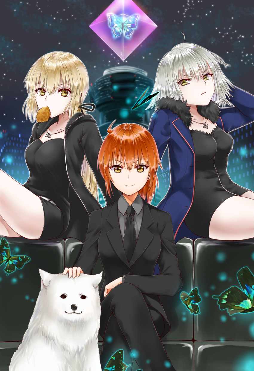 3girls absurdres ahoge animal artoria_pendragon_(all) ayamu_(igakato) bangs blonde_hair bread breasts bug building butterfly cavall_the_2nd coat dog dress eyebrows_behind_hair eyebrows_visible_through_hair fate/grand_order fate_(series) food fujimaru_ritsuka_(female) hair_between_eyes highres hood hooded_jacket hoodie in_mouth insect jacket jeanne_d'arc_(alter)_(fate) jeanne_d'arc_(fate)_(all) jewelry long_hair looking_at_viewer multiple_girls necklace necktie night night_sky open_mouth orange_eyes orange_hair pants ponytail saber_alter shirt short_hair shorts silver_hair sitting sky wicked_dragon_witch_ver._shinjuku_1999 yellow_eyes