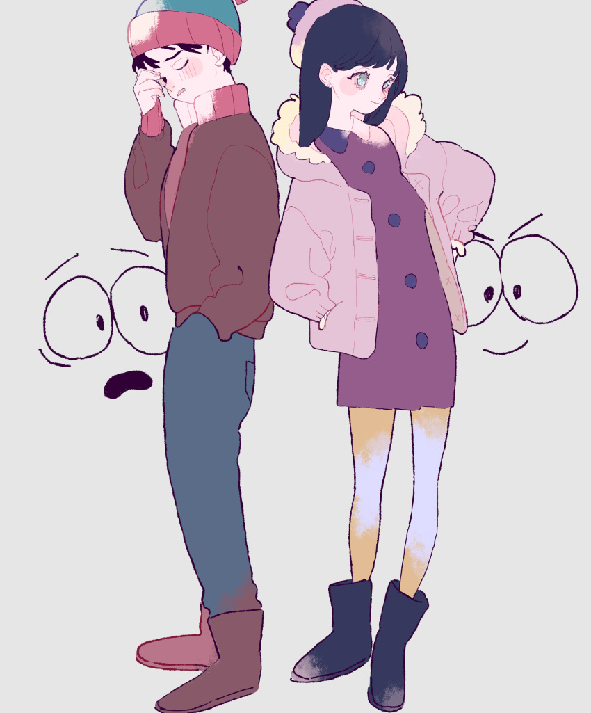 1boy 1girl black_footwear black_hair blue_eyes blush boots brown_footwear brown_jacket closed_eyes denim hand_in_pocket hand_up highres hood hood_down jacket jeans matatatatabi pants purple_jacket simple_background south_park stan_marsh standing wendy_testaburger