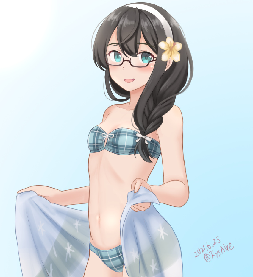 1girl alternate_hairstyle ame-san aqua_bikini bikini black_hair blue_background braid breasts collarbone commentary_request flower glasses green_eyes hair_flower hair_ornament hair_over_shoulder hairband highres kantai_collection long_hair looking_at_viewer navel one-hour_drawing_challenge ooyodo_(kancolle) plaid plaid_bikini revision sarong semi-rimless_eyewear single_braid small_breasts solo strapless strapless_bikini swimsuit under-rim_eyewear white_hairband