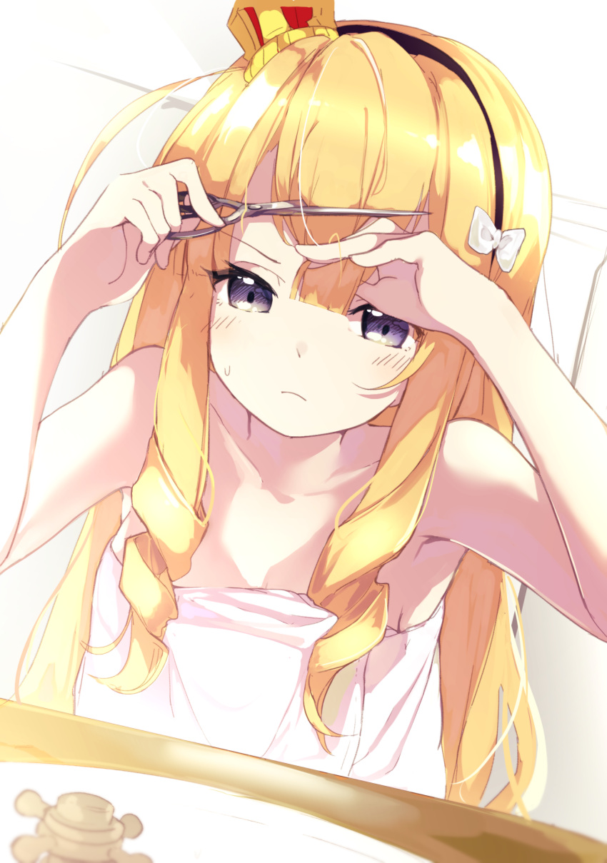 1girl arms_up azur_lane bangs black_hairband blonde_hair blush bow collarbone commentary_request crown cutting_hair cutting_own_hair drill_hair frown hair_bow hairband highres holding holding_hair holding_scissors long_hair looking_at_viewer mini_crown naked_towel purple_eyes queen_elizabeth_(azur_lane) scissors sidelocks solo suwakana sweatdrop towel twin_drills upper_body white_bow white_towel