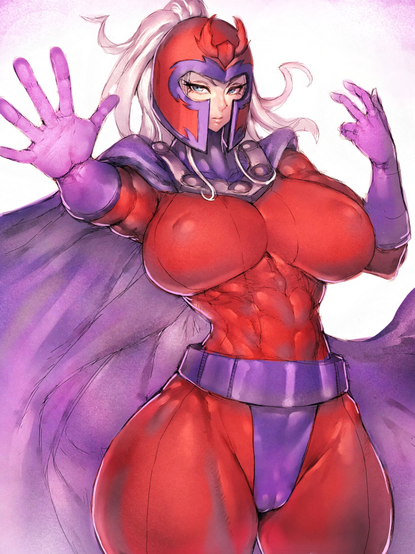 1girl belt blue_eyes breasts cameltoe cape covered_nipples curvy fumio_(rsqkr) genderswap genderswap_(mtf) gloves helmet highres large_breasts long_hair looking_at_viewer magneto marvel mature_female ponytail white_background white_hair wide_hips x-men