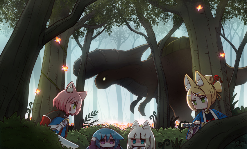 4girls 7th_dragon 7th_dragon_(series) animal_ear_fluff animal_ears arms_up bangs bell belt belt_buckle black_bodysuit blonde_hair blue_hair blue_jacket blush bodysuit buckle cat_ears closed_mouth commentary_request crown day empty_eyes eyebrows_visible_through_hair fighter_(7th_dragon) floro_(7th_dragon) forest green_eyes hair_between_eyes hands_on_own_head harukara_(7th_dragon) highres holding holding_sword holding_weapon ikurakun_(7th_dragon) jacket jingle_bell katana long_sleeves low_twintails mage_(7th_dragon) mini_crown momomeno_(7th_dragon) monster multiple_girls naga_u namuna_(7th_dragon) nature open_clothes open_jacket outdoors pink_hair princess_(7th_dragon) profile puffy_long_sleeves puffy_sleeves purple_eyes purple_jacket samurai_(7th_dragon_series) shaded_face short_eyebrows sweat sword thick_eyebrows tree twintails weapon white_belt white_hair