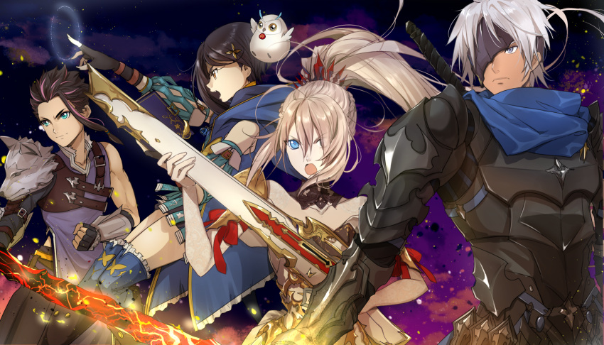 2boys 2girls :o alphen_(tales) armor bird black_armor black_gloves black_hair blue_eyes blue_legwear blue_scarf braid brown_eyes brown_hair detached_collar fingerless_gloves fururu_(tales) gloves grey_eyes hair_ornament highres hood law_(tales) long_hair multicolored_hair multiple_boys multiple_girls open_mouth owl pink_hair ponytail purple_background purple_shirt rinwell_(tales) scarf shionne_(tales) shirt short_hair skirt spiked_hair streaked_hair tales_of_(series) tales_of_arise thighhighs tusia two-tone_hair white_hair