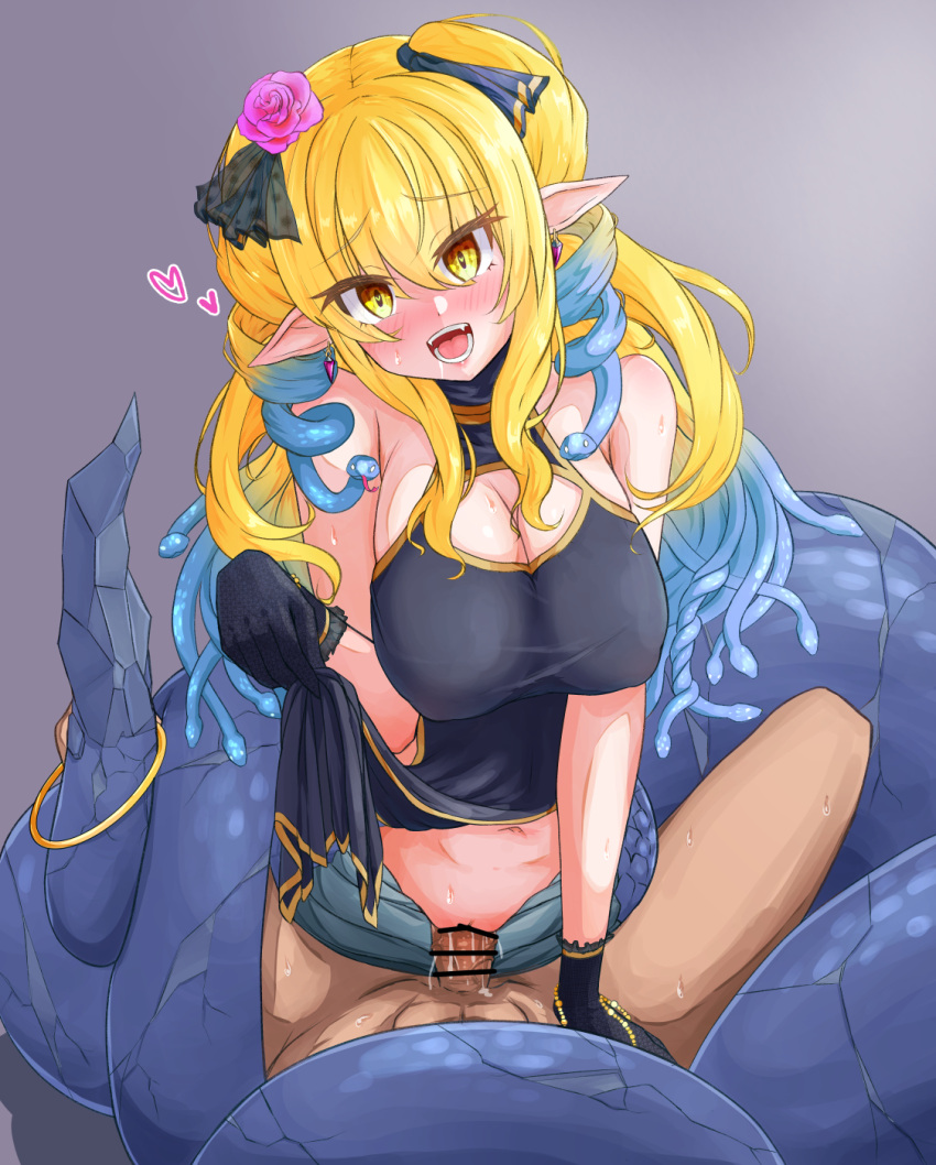 1boy 1girl :d arm_support bar_censor bare_shoulders black_gloves blonde_hair blue_hair blush breasts censored cleavage cowgirl_position earrings femdom flower gloves gorgon gradient_hair hair_flower hair_ornament hana_yamakiri heart heart-shaped_pupils hetero highres jewelry lamia large_breasts lifted_by_self looking_at_viewer medusa_(monster_girl_encyclopedia) monster_girl monster_girl_encyclopedia multicolored_hair navel open_mouth penis pointy_ears pov sex smile snake_bondage snake_hair straddling sweat symbol-shaped_pupils two-tone_hair vaginal veins veiny_penis