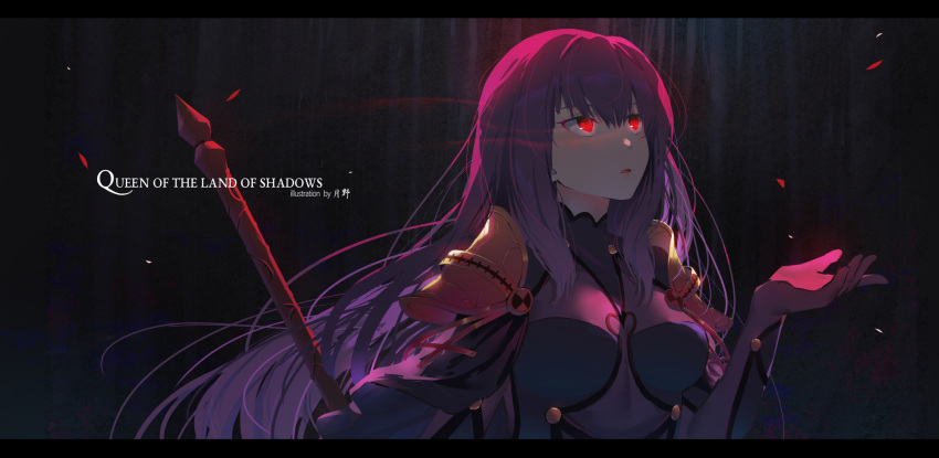 1girl bangs bodysuit breasts dark_background elbow_gloves eyebrows_behind_hair eyebrows_visible_through_hair fate/grand_order fate_(series) gloves hair_between_eyes highres holding holding_lance holding_polearm holding_weapon lance large_breasts long_hair looking_to_the_side open_mouth petals polearm purple_hair red_eyes scathach_(fate) scathach_(fate)_(all) solo tsukino_(nakajimaseiki) underwear upper_body weapon