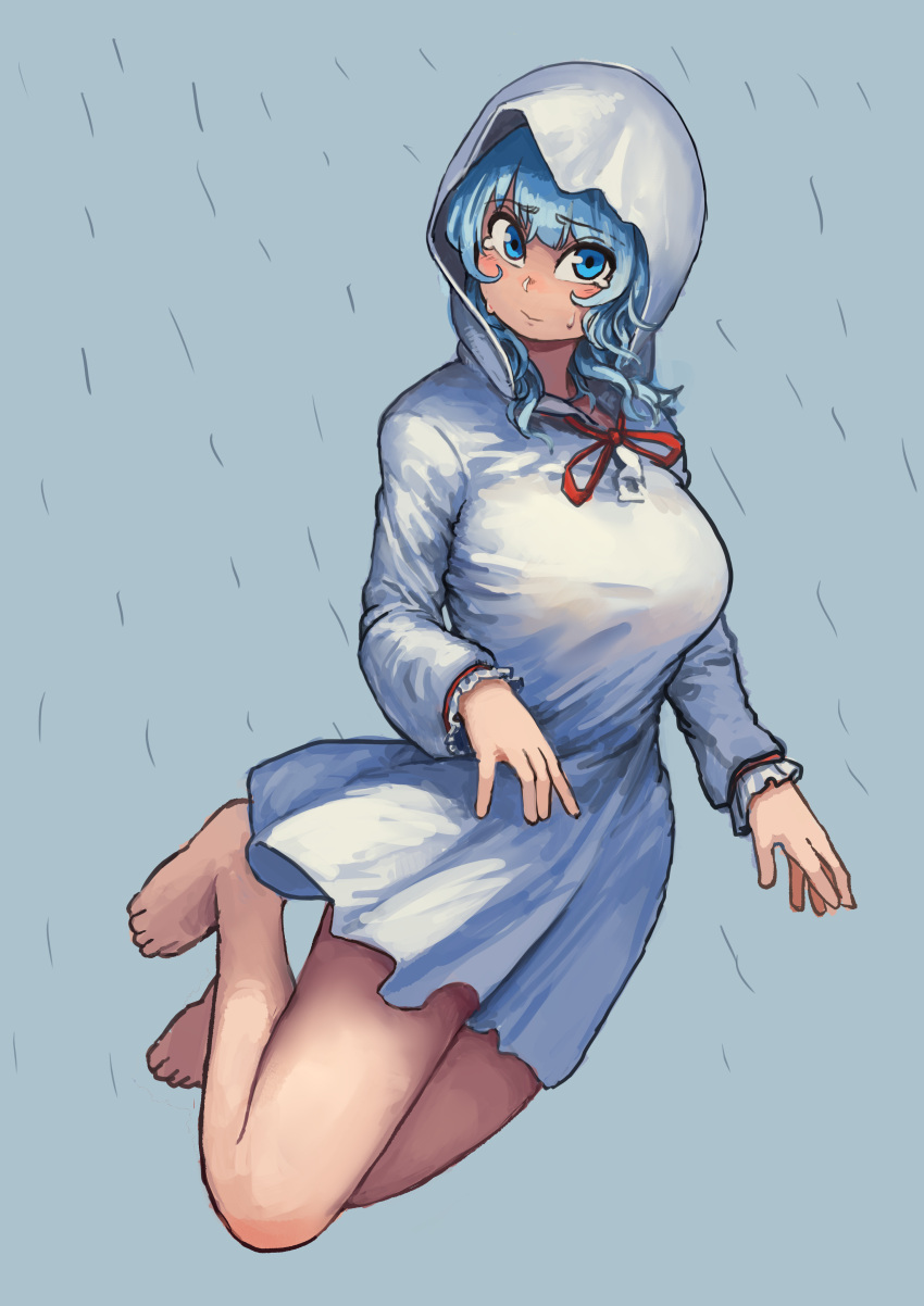 1girl absurdres bare_legs barefoot blue_eyes blue_hair blush chanta_(ayatakaoisii) character_request copyright_request dress full_body grey_background highres hood hood_up long_hair long_sleeves looking_at_viewer solo white_dress