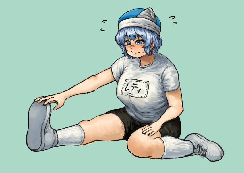 1girl black_shorts blue_eyes blue_hair blue_headwear blush breasts chanta_(ayatakaoisii) character_request covered_nipples eyebrows_visible_through_hair green_background grey_footwear highres large_breasts print_shirt shirt shoes short_sleeves shorts simple_background socks solo stretch sweat touhou white_legwear white_shirt