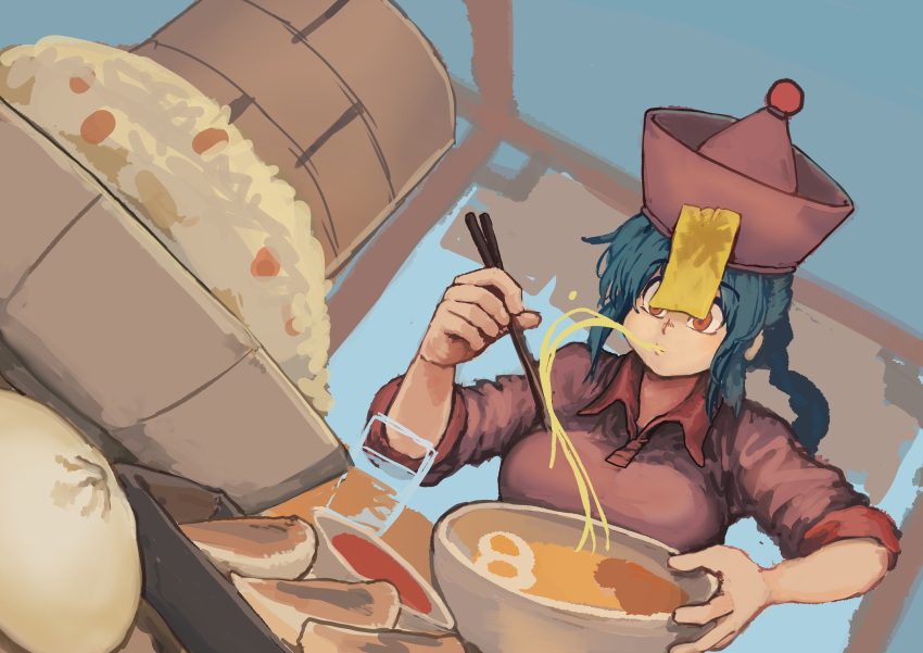 1girl absurdres blue_hair bowl brown_eyes chanta_(ayatakaoisii) chopsticks collared_dress cup dress eating eyebrows_visible_through_hair food highres jiangshi jiangshi_(chanta) noodles ofuda ofuda_on_clothes original purple_dress purple_headwear rice solo upper_body