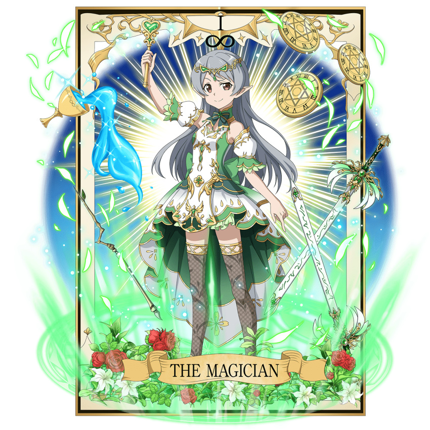 1girl arm_up bangs brown_eyes card_(medium) circlet closed_mouth detached_collar detached_sleeves floating_hair flower full_body green_neckwear green_sleeves grey_legwear highres holding lily_(flower) long_hair looking_at_viewer multicolored_sleeves official_art plaid plaid_legwear pointy_ears red_flower red_rose rose seven_(sao) sheath sheathed shiny shiny_hair short_sleeves silver_hair skirt smile solo swept_bangs sword sword_art_online tarot_arcana the_magician_(tarot) thighhighs transparent_background very_long_hair wand weapon white_flower white_skirt white_sleeves