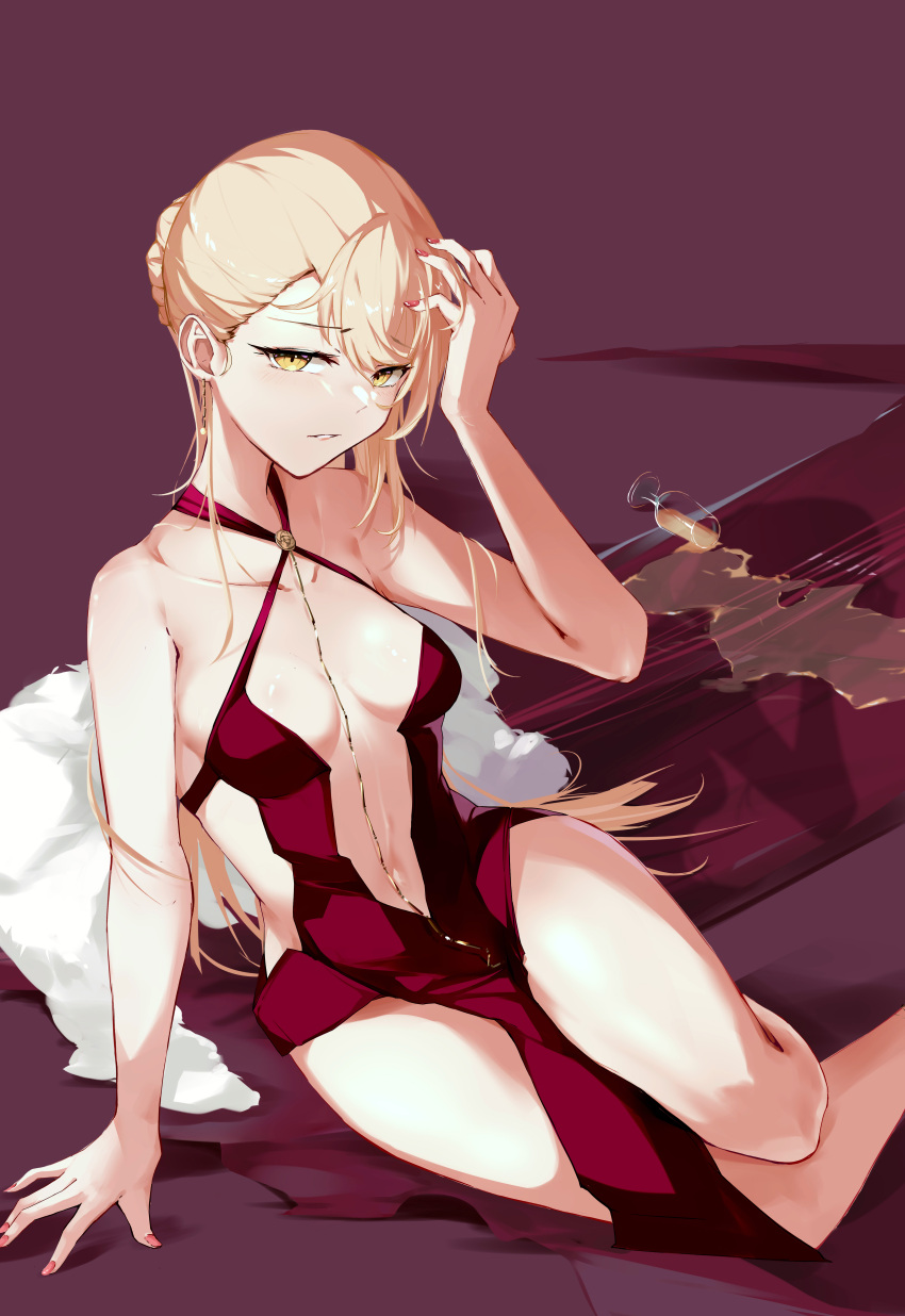 1girl absurdres alcohol bangs blonde_hair breasts champagne champagne_flute cleavage cup dress drinking_glass eyebrows_visible_through_hair full_body girls'_frontline highres holding holding_hair long_hair looking_at_viewer medium_breasts nail_polish on_floor ots-14_(girls'_frontline) priest77 red_dress sitting solo spill thighs tied_hair yellow_eyes