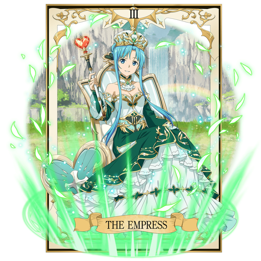 1girl asuna_(sao-alo) blue_eyes blue_hair breasts card_(medium) cleavage collarbone crown detached_collar detached_sleeves dress full_body green_dress green_sleeves grin highres holding holding_staff long_dress long_sleeves looking_at_viewer medium_breasts multicolored multicolored_clothes multicolored_dress official_art pointy_ears shiny shiny_hair short_hair_with_long_locks sidelocks sitting sleeveless sleeveless_dress smile solo staff strapless strapless_dress sword_art_online tarot_arcana the_empress_(tarot) tied_hair transparent_background white_dress