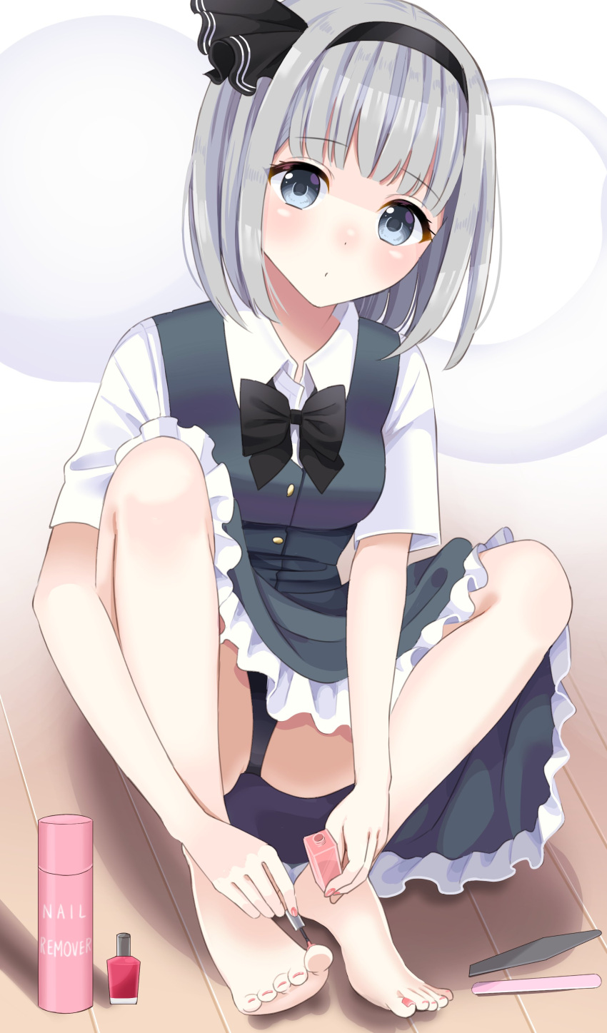 1girl absurdres bangs barefoot black_bow black_panties bow dress eyebrows_visible_through_hair feet green_vest grey_eyes grey_hair highres holding konpaku_youmu konpaku_youmu_(ghost) looking_at_viewer nail_file nail_polish nail_polish_bottle on_floor panties shirt short_hair simple_background sitting solo stigma1101 toes underwear vest wooden_floor