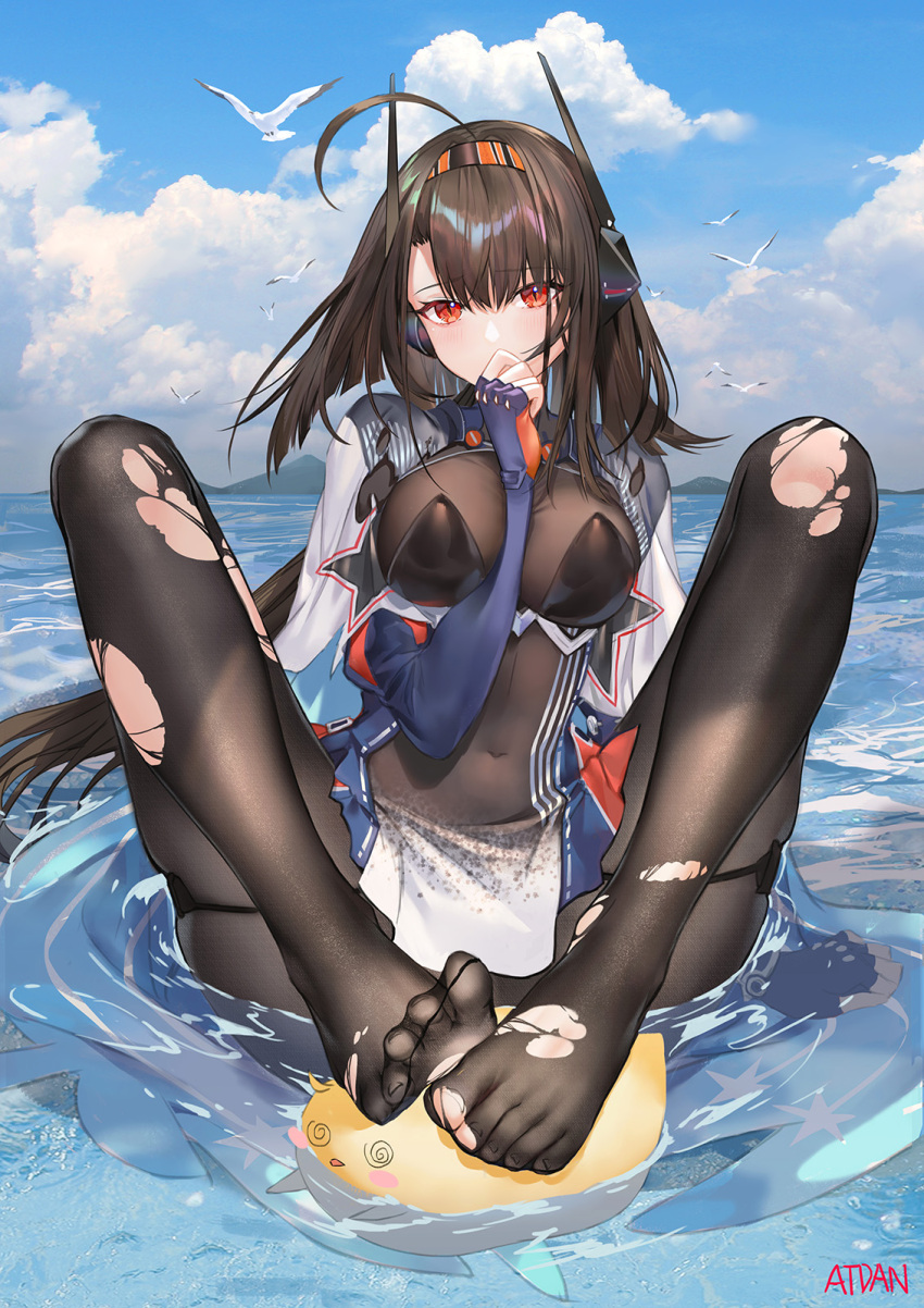1girl ahoge arm_between_breasts atdan azur_lane between_breasts bird black_legwear blue_sky bodysuit breasts brown_hair capelet chick covered_navel covering_mouth day embarrassed feet fingerless_gloves frown gloves hairband headgear highres independence_(azur_lane) large_breasts long_hair long_sleeves looking_at_viewer manjuu_(azur_lane) no_shoes outdoors pantyhose red_eyes retrofit_(azur_lane) revision seagull sitting skindentation sky slit_pupils solo toes torn_clothes torn_legwear very_long_hair water