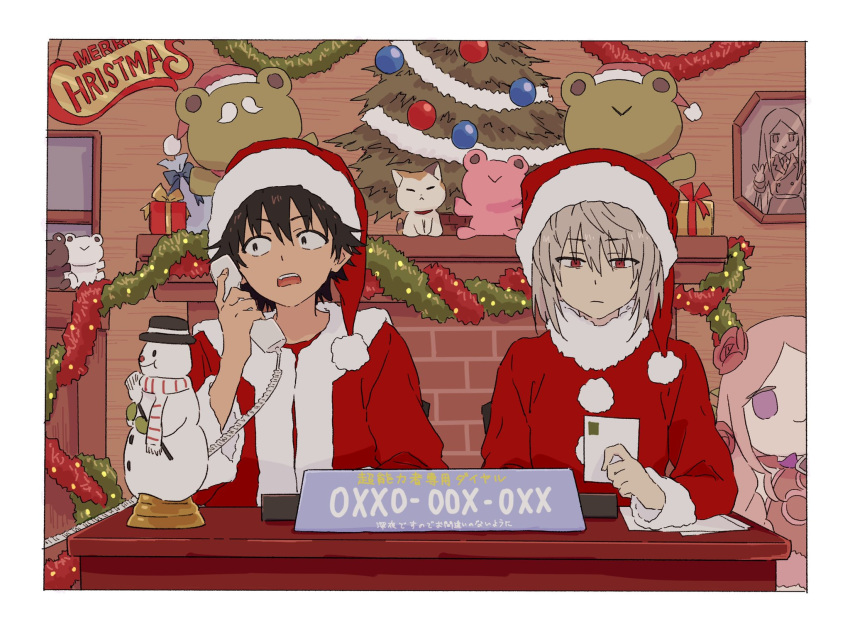 2boys accelerator_(toaru_majutsu_no_index) bangs bauble black_hair box character_request christmas christmas_lights christmas_ornaments christmas_tree closed_mouth coat corded_phone cosplay dress english_commentary english_text facial_hair facing_viewer fake_facial_hair fake_mustache fireplace flower fur_trim gekota gift gift_box grey_hair hair_flower hair_ornament hat highres holding holding_phone indoors kamijou_touma looking_down merry_christmas mixed-language_commentary multiple_boys mustache open_mouth phone picture_frame pink_dress pink_hair postcard purple_eyes red_eyes red_headwear santa_costume santa_hat scarf short_hair sign sitting snowman stuffed_animal stuffed_frog stuffed_toy table talking talking_on_phone teruya_(6w6y) toaru_majutsu_no_index v window