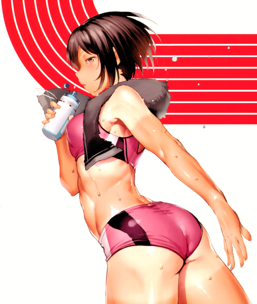 1girl absurdres armpit_peek ass bottle brown_hair cowboy_shot double_tanline from_side highres karochii megami_no_sprinter profile scan short_hair solo sports_bra sportswear sweat water_bottle white_background