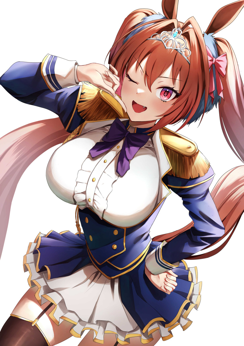 1girl ;d absurdres animal_ears bow bowtie breasts brown_legwear daiwa_scarlet_(umamusume) epaulettes eyebrows_visible_through_hair fang garter_straps hair_between_eyes hair_bow hand_on_hip highres horse_ears horse_girl horse_tail large_breasts long_hair long_sleeves looking_at_viewer memero_7272 one_eye_closed open_mouth purple_neckwear red_bow red_eyes red_hair simple_background skirt smile solo tail thighhighs tiara twintails umamusume white_background