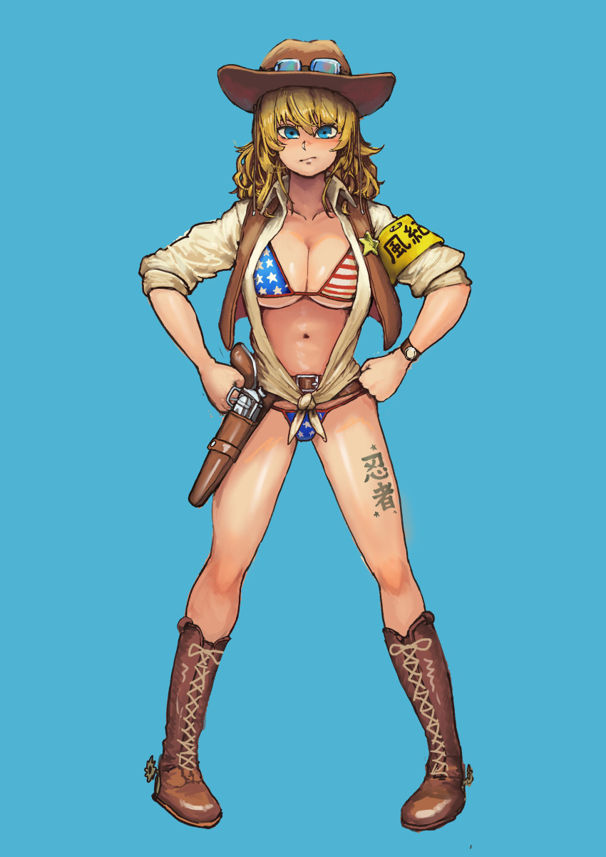 1girl absurdres american_flag_bikini bikini bikini_under_clothes blonde_hair blue_background blue_eyes boots breasts brown_footwear brown_headwear chanta_(ayatakaoisii) cleavage collared_shirt flag_print full_body gun highres holster large_breasts long_hair looking_at_viewer navel original shirt simple_background solo standing swimsuit tied_shirt weapon white_shirt