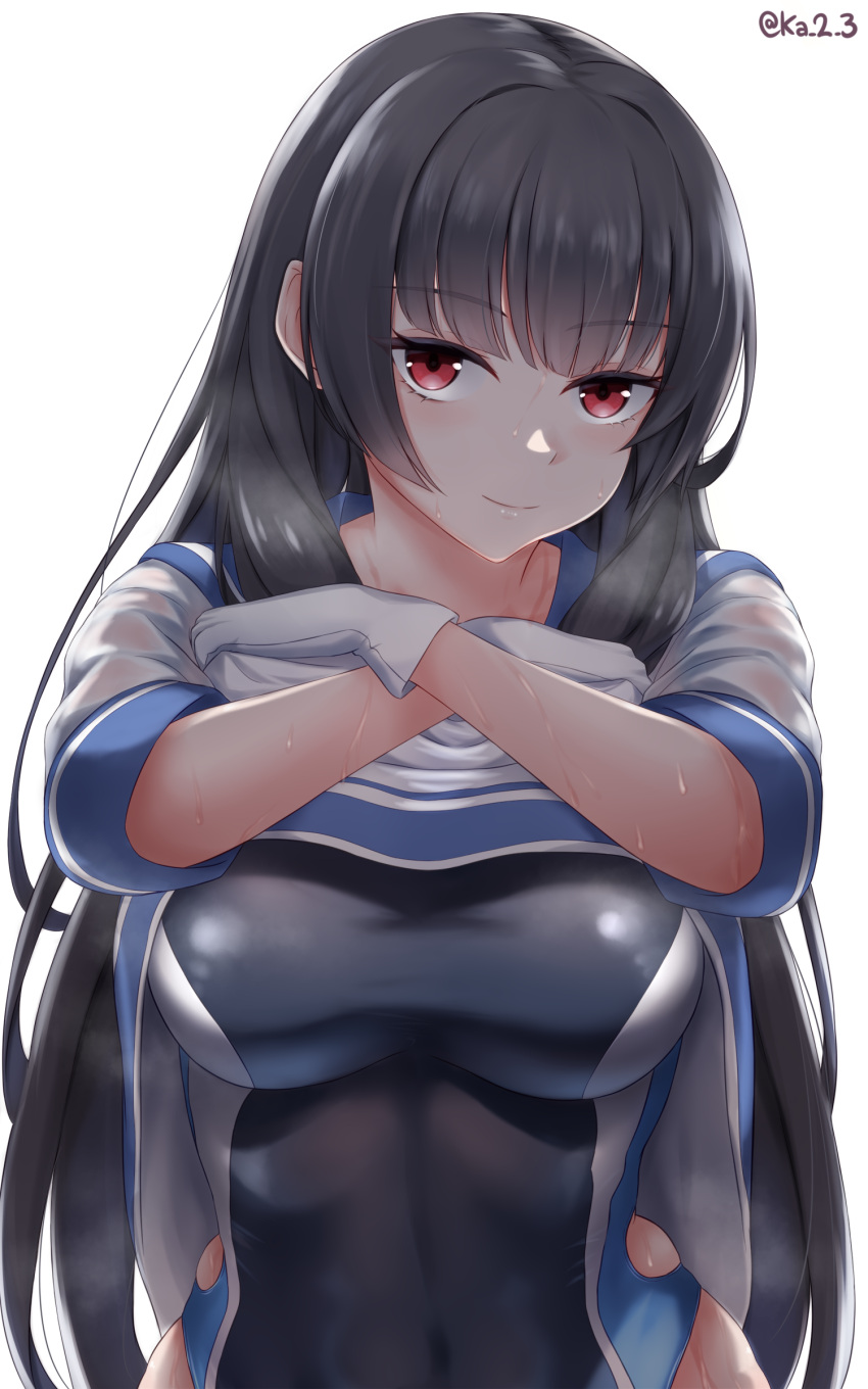 1girl absurdres alternate_costume black_hair black_swimsuit blue_sailor_collar blue_swimsuit breasts breath clothes_lift competition_swimsuit eyebrows_visible_through_hair gloves highres isokaze_(kancolle) kantai_collection katsumi-kun lifted_by_self lips long_hair looking_at_viewer medium_breasts multicolored multicolored_clothes multicolored_swimsuit one-piece_swimsuit red_eyes sailor_collar sailor_shirt school_uniform serafuku shiny_swimsuit shirt shirt_lift simple_background solo sweat swimsuit swimsuit_under_clothes twitter_username upper_body white_background white_gloves white_swimsuit