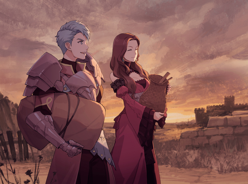 1boy 1girl :d armor bare_shoulders breastplate breasts brick_wall brown_hair carrying_under_arm caspar_von_bergliez cleavage closed_eyes closed_mouth commentary_request commission detached_sleeves dorothea_arnault dress fence fire_emblem fire_emblem:_three_houses gauntlets grey_eyes grey_hair highres holding juliet_sleeves long_hair long_sleeves medium_breasts open_mouth outdoors pixiv_request puffy_sleeves red_dress red_sleeves sleeveless sleeveless_dress sleeves_past_wrists smile sunset tugo wide_sleeves