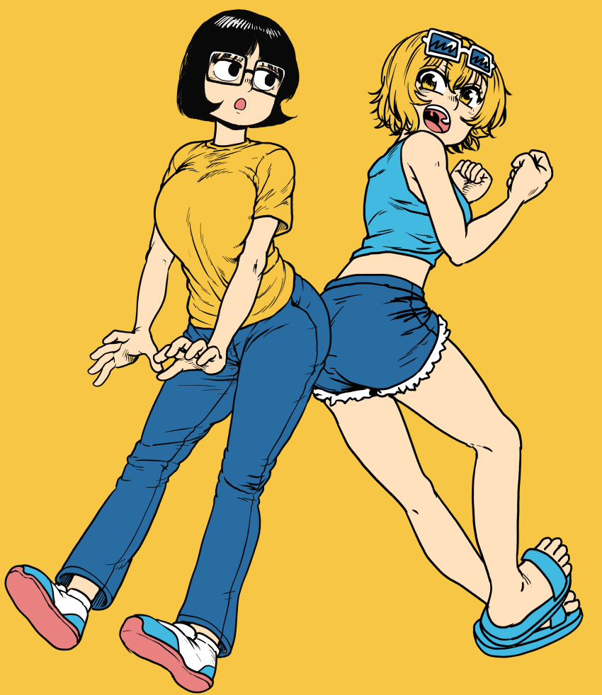 2girls absurdres arms_behind_back black-framed_eyewear black_hair blonde_hair blue_tank_top breasts chanta_(ayatakaoisii) crop_top eyewear_on_head full_body glasses highres large_breasts midriff multiple_girls open_mouth original sandals shirt shoes short_hair short_sleeves simple_background tank_top white-framed_eyewear white_footwear yellow_background yellow_eyes yellow_shirt