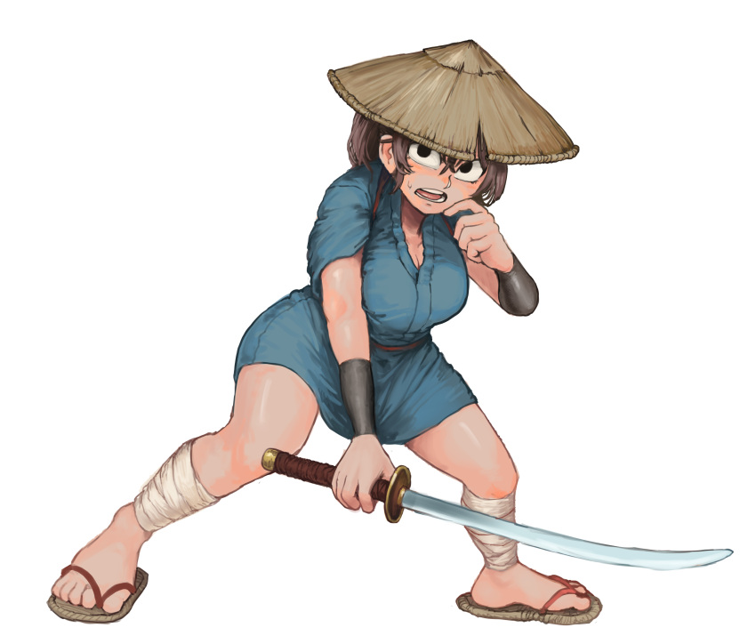 1girl absurdres black_eyes blush breasts brown_hair chanta_(ayatakaoisii) cleavage full_body hand_up hat highres holding holding_sword holding_weapon medium_breasts open_mouth original rice_hat sandals simple_background solo standing sword weapon white_background