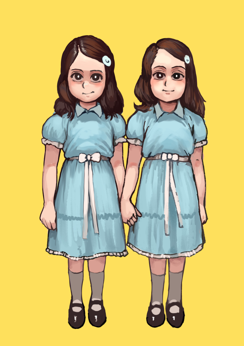 2girls absurdres aqua_dress black_footwear brown_hair chanta_(ayatakaoisii) dress full_body grady_sisters_(the_shining) grey_legwear hair_ornament hairclip highres long_hair looking_at_viewer multiple_girls shoes short_sleeves siblings sisters smile socks standing the_shining twins