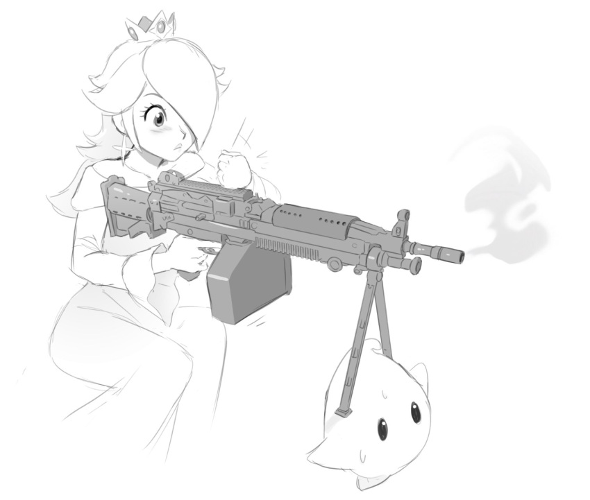 1girl bangs bipod blush crown dress earrings gun hair_over_one_eye highres jewelry looking_at_object luma_(mario) m249 machine_gun mario_(series) mathias_leth reloading rosalina sketch smoke super_mario_galaxy sweatdrop weapon