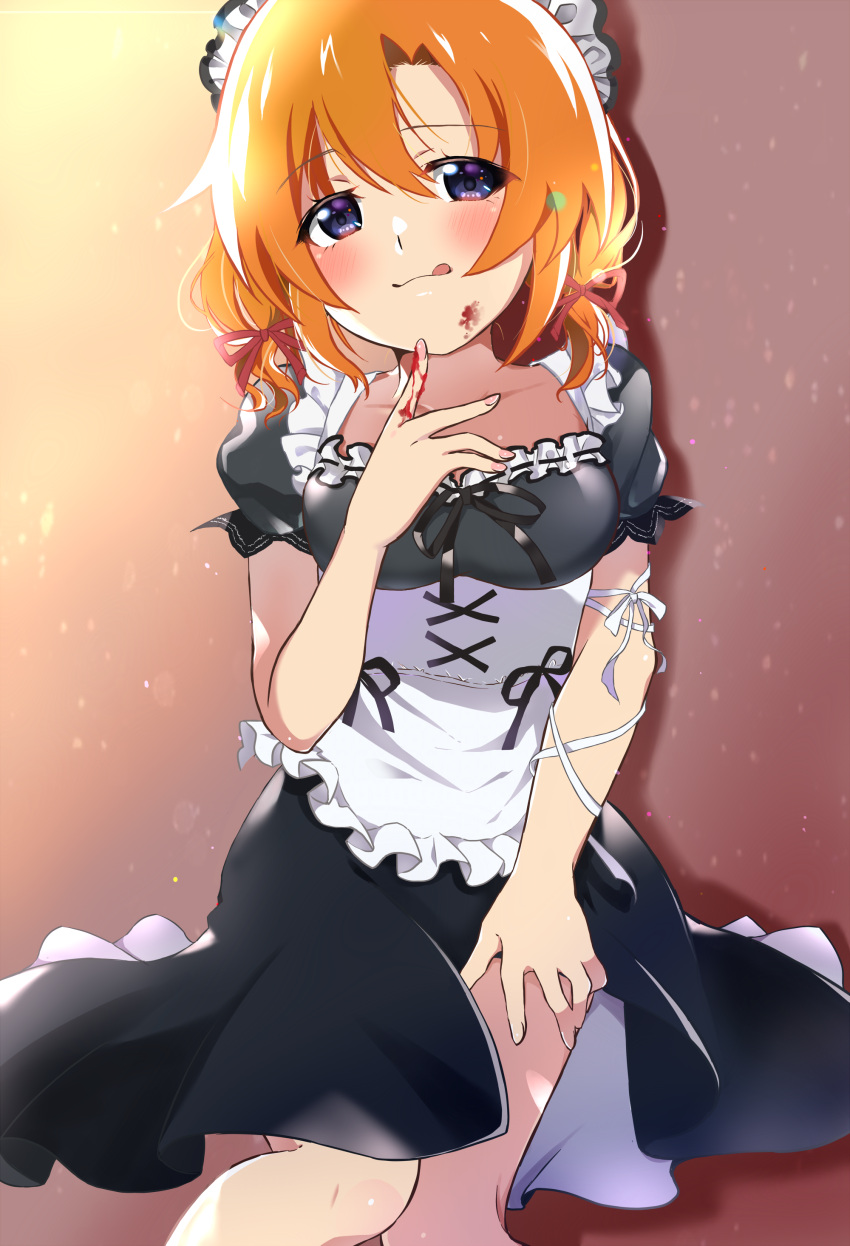 1girl :q absurdres alternate_costume apron bangs black_dress blood blood_on_face blood_on_fingers blue_eyes blush breasts collarbone commentary_request dress enmaided eyebrows_visible_through_hair fingernails frilled_apron frills gradient gradient_background hair_between_eyes hair_ribbon hand_up highres higurashi_no_naku_koro_ni looking_at_viewer maid maid_apron maid_headdress mashimaro_tabetai nail_polish orange_hair pink_nails puffy_short_sleeves puffy_sleeves red_ribbon ribbon ryuuguu_rena shadow short_hair short_sleeves sidelighting smile solo tongue tongue_out waist_apron white_apron white_ribbon