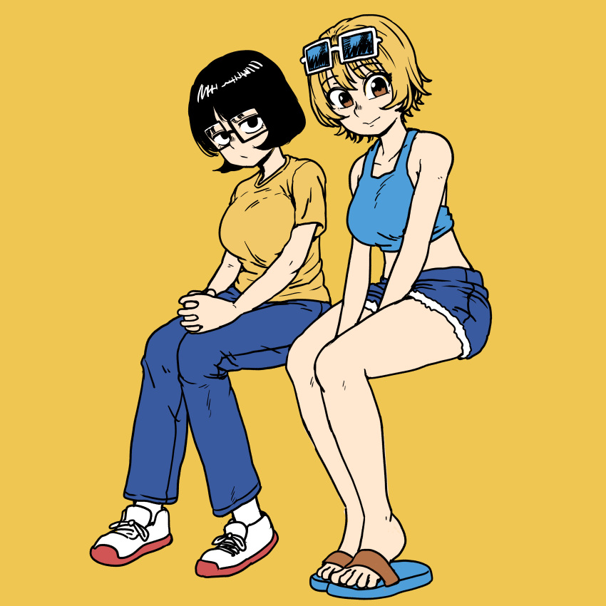 2girls absurdres bangs bare_legs black-framed_eyewear black_eyes black_hair blonde_hair blue_pants blue_shorts blue_tank_top breasts brown_eyes chanta_(ayatakaoisii) crop_top eyewear_on_head full_body glasses hands_together highres invisible_chair looking_at_viewer medium_breasts midriff multiple_girls original pants rectangular_eyewear sandals shoes short_hair shorts simple_background sitting tank_top white-framed_eyewear white_footwear yellow_background