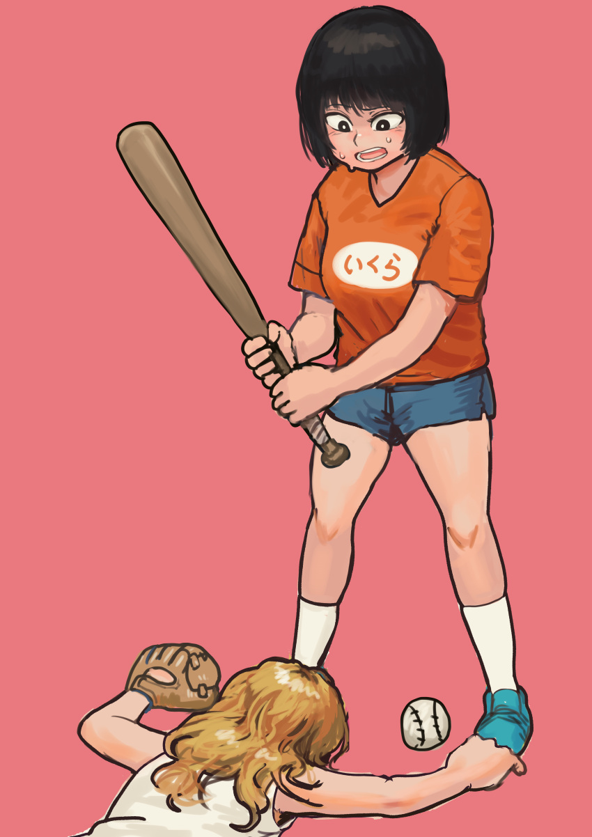 2girls absurdres aqua_footwear bangs baseball baseball_bat baseball_mitt black_hair blonde_hair blue_shorts chanta_(ayatakaoisii) highres holding holding_baseball_bat long_hair multiple_girls orange_shirt original pink_background print_shirt shirt shoes short_hair short_sleeves shorts simple_background sleeveless sleeveless_shirt socks white_legwear white_shirt