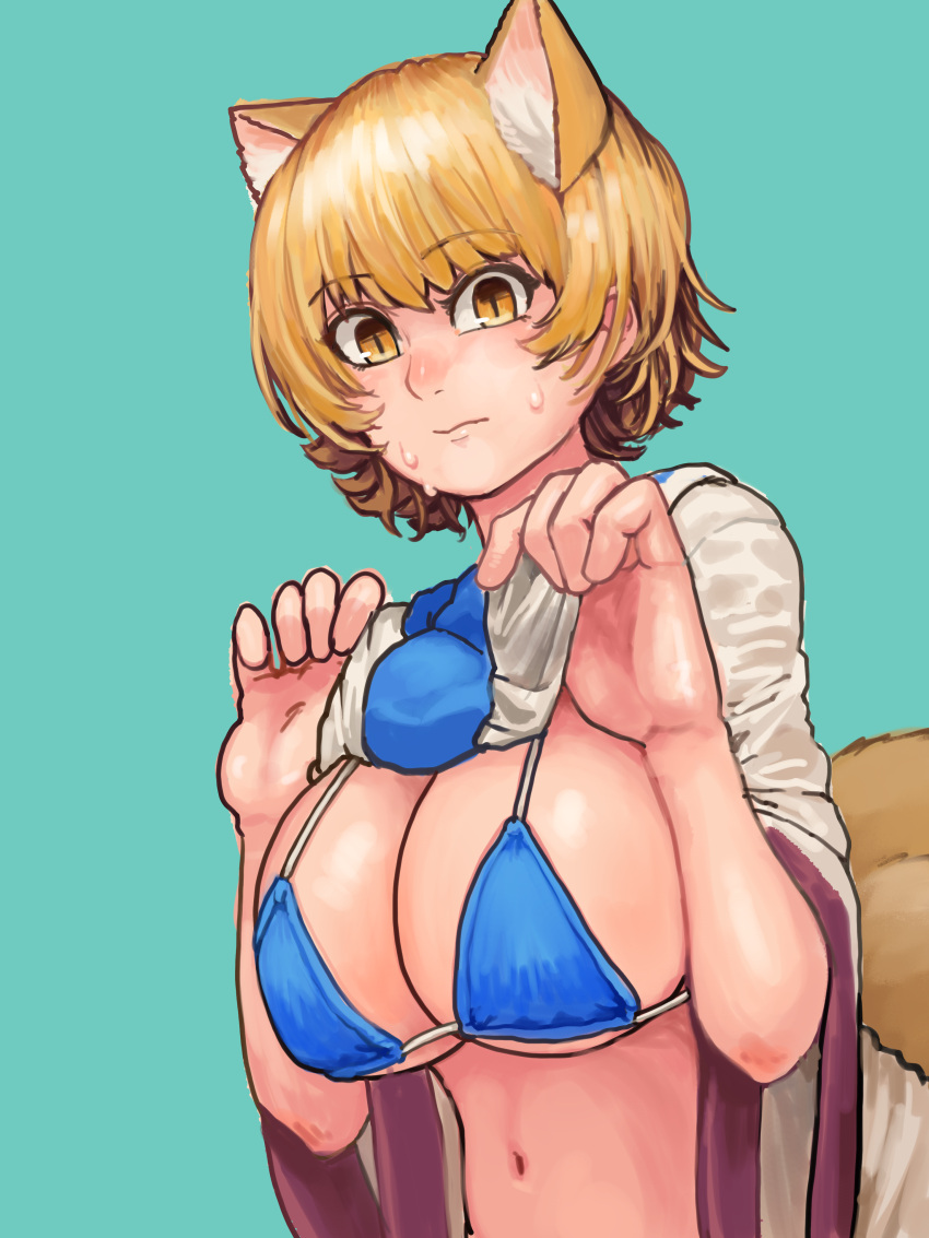 1girl absurdres animal_ears aqua_background bangs bikini bikini_under_clothes blonde_hair blue_bikini breasts chanta_(ayatakaoisii) cleavage clothes_lift dress dress_lift eyebrows_visible_through_hair fox_ears fox_tail hands_up highres large_breasts multiple_tails navel no_hat no_headwear short_hair simple_background solo sweat swimsuit tail touhou white_dress wide_sleeves yakumo_ran