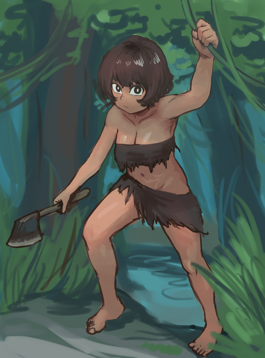 1girl absurdres arm_up axe bare_shoulders black_eyes breasts bright_pupils brown_hair chanta_(ayatakaoisii) cleavage full_body grass highres holding holding_axe leaf looking_at_viewer medium_breasts navel original outdoors plant short_hair solo standing tree vines water white_pupils