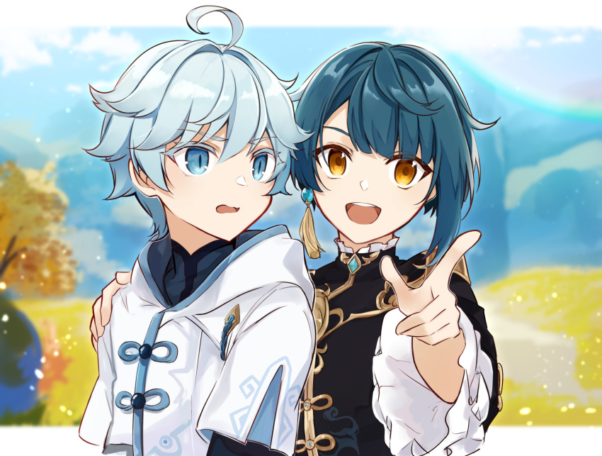 2boys absurdres ahoge asymmetrical_bangs bangs black_coat black_shirt blue_eyes blue_hair blue_sky blurry blurry_background chestnut_mouth chongyun_(genshin_impact) cloud coat commentary dust earrings frilled_shirt_collar frilled_sleeves frills genshin_impact hand_on_another's_shoulder highres hill hood hoodie jewelry kuroha1873 letterboxed light_blue_hair long_coat long_sleeves mountainous_horizon multiple_boys open_mouth outdoors pointing pointing_at_viewer shirt short_hair short_sleeves single_earring sky smile symbol_commentary tassel tassel_earrings tree upper_body upper_teeth white_hoodie xingqiu_(genshin_impact) yellow_eyes