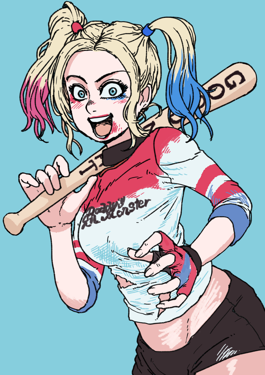 1girl absurdres baseball_bat black_shorts blonde_hair blue_background blue_eyes blue_hair chanta_(ayatakaoisii) cowboy_shot dc_comics fingerless_gloves gloves harley_quinn highres holding holding_baseball_bat long_hair long_sleeves looking_at_viewer midriff open_mouth print_shirt red_hair shirt shorts simple_background single_glove smile solo suicide_squad torn_clothes torn_shirt twintails