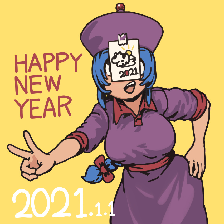 1girl 2021 absurdres blue_hair bow braid braided_ponytail breasts chanta_(ayatakaoisii) chinese_zodiac cowboy_shot dated dress hair_bow hand_on_hip happy_new_year highres jiangshi_(chanta) long_hair new_year open_mouth original pants purple_dress purple_headwear red_bow simple_background smile solo v very_long_hair year_of_the_ox yellow_background yellow_pants