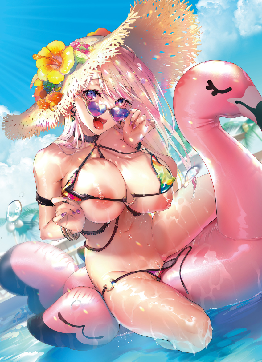 1girl between_breasts bikini bikini_aside bikini_lift bikini_pull bird blonde_hair blow_up_doll breast_press breast_squeeze breasts clothes_lift clothes_pull comic_kairakuten_beast fang flamingo floating floating_object hat highres large_breasts looking_at_viewer naughty_face navel nipples open_mouth original partially_undressed pyon-kichi spread_legs straddling sun_hat sunlight swimsuit thighs tongue tongue_out undersized_clothes wet wet_clothes wet_swimsuit