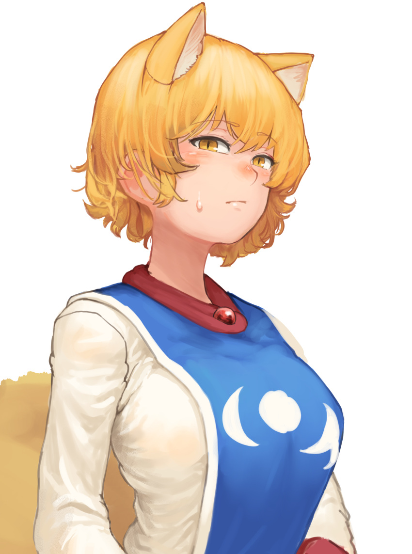 1girl absurdres animal_ears bangs blonde_hair breasts chanta_(ayatakaoisii) dress eyebrows_visible_through_hair fox_ears fox_tail highres large_breasts multiple_tails short_hair simple_background slit_pupils solo tabard tail touhou white_background white_dress yakumo_ran yellow_eyes