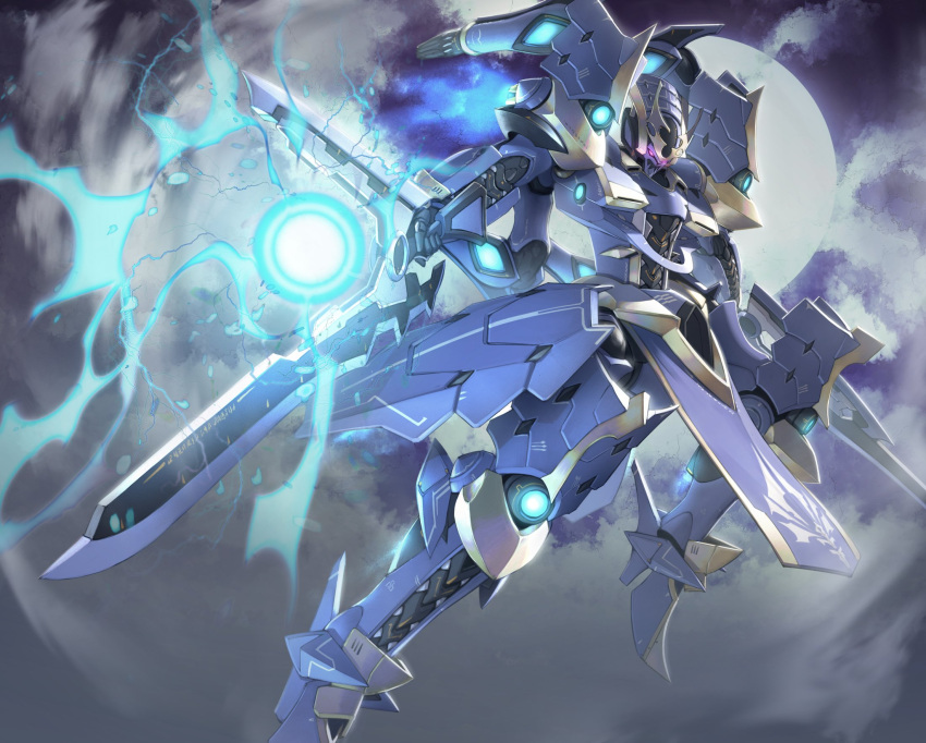 cloud dual_wielding energy_ball flying full_moon highres holding holding_sword holding_weapon ikaruga_(knight's_&amp;_magic) itaco knight's_&amp;_magic mecha moon no_humans sword weapon