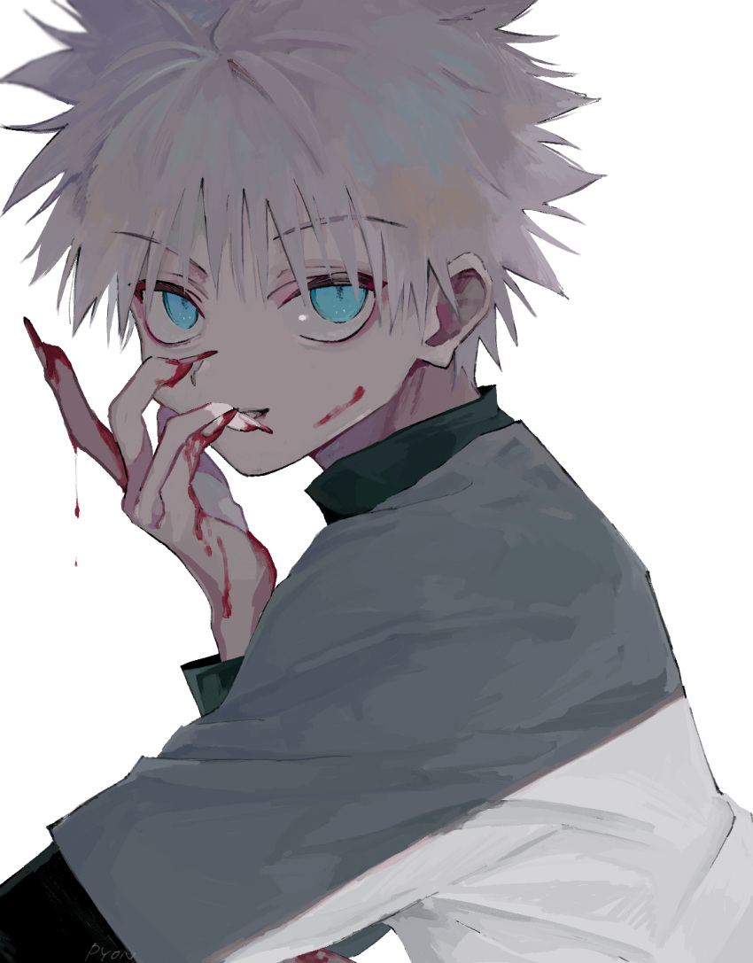 1boy blood blood_on_face bloody_hands blue_eyes commentary_request dripping eyebrows_visible_through_hair fingernails from_side grey_shirt hand_up highres hunter_x_hunter killua_zoldyck llilililiilii long_fingernails looking_at_viewer looking_to_the_side male_focus parted_lips sharp_fingernails shirt short_hair short_sleeves simple_background slit_pupils solo spiked_hair undershirt upper_body white_background white_hair