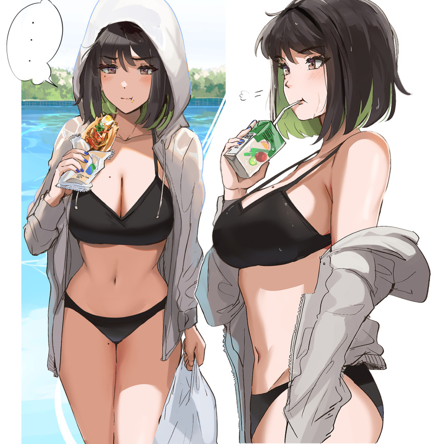 ... 1girl bikini black_bikini black_hair breasts brown_eyes colored_inner_hair drink drinking eating food from_side green_hair highres holding holding_drink holding_food hood hoodie hoodie_removed large_breasts looking_at_viewer miru_(ormille) mole mole_on_breast mole_on_thigh multicolored_hair multiple_views navel original ormille short_hair solo speech_bubble strap_gap streaked_hair swimsuit two-tone_hair water